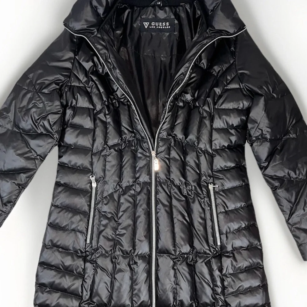 GUESS Womens Quilted Puffer Long Real Down‎ Winter Jacket Coat Black Large
